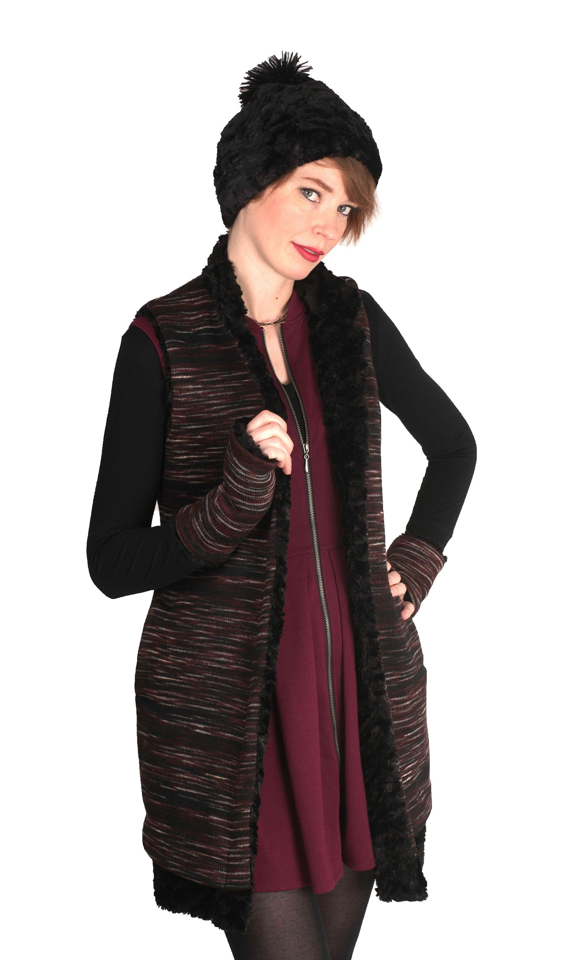 Reversible Fingerless Gloves | Sweet Stripes in Cherry Cordial with Cuddly Black Faux Fur | Pandemonium Millinery