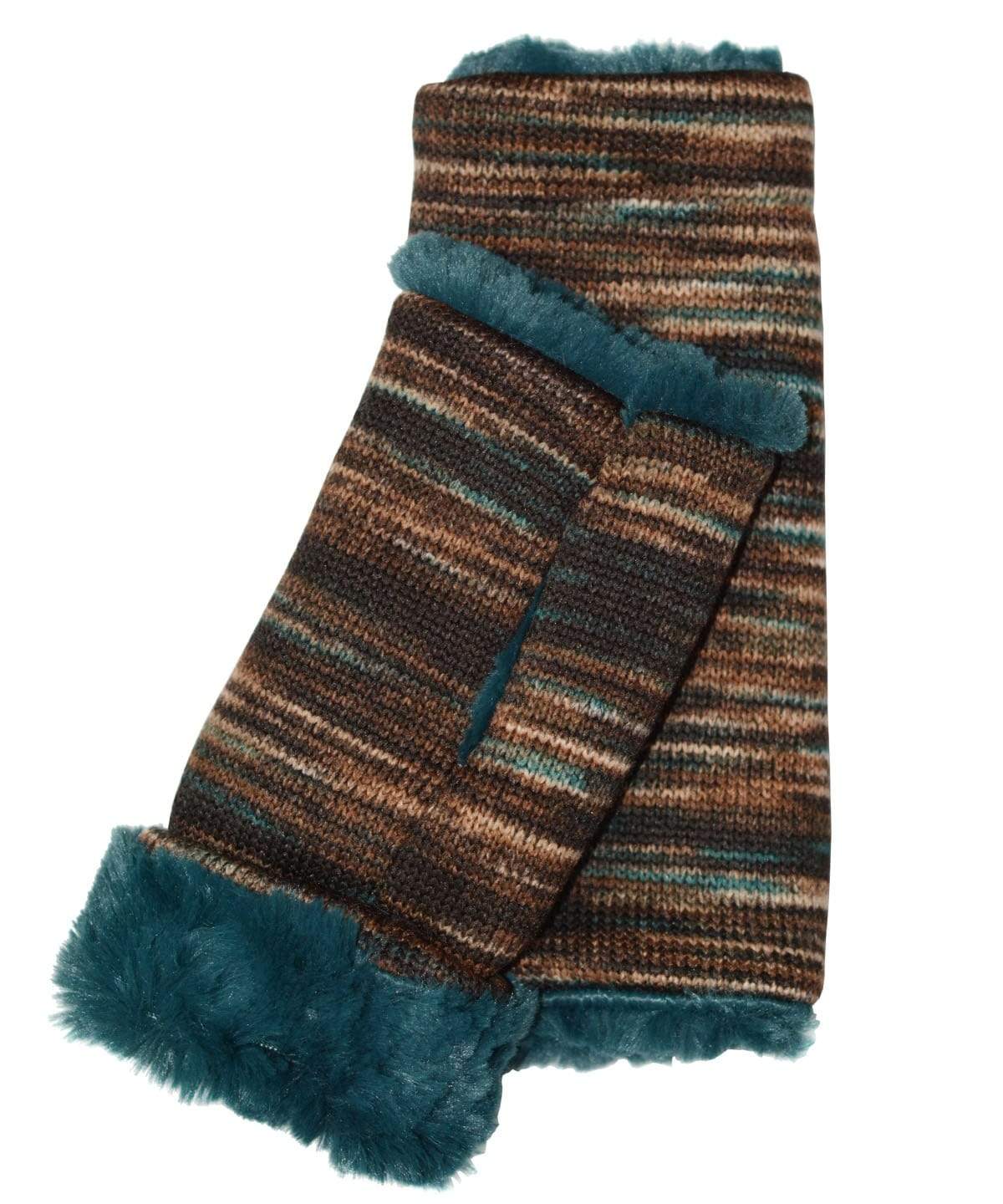 Reversible Fingerless Gloves | Sweet Stripes in English Toffee with Peacock Pond Faux Fur | Pandemonium Millinery