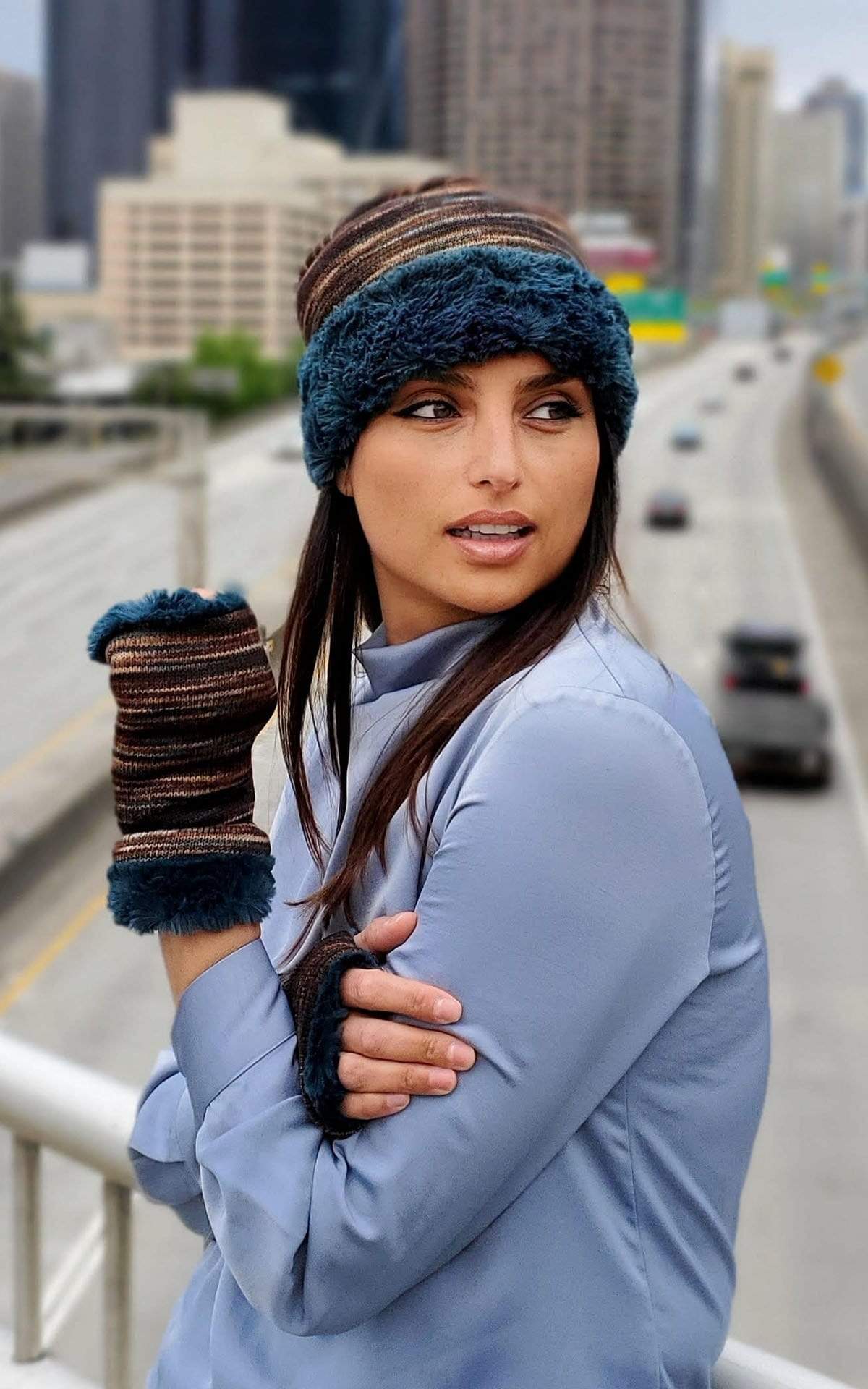 Pandemonium Millinery Fingerless / Texting Gloves (Mid-Length) - Sweet Stripes in English Toffee with Cuddly Faux Fur English Toffee / Peacock Pond Accessories