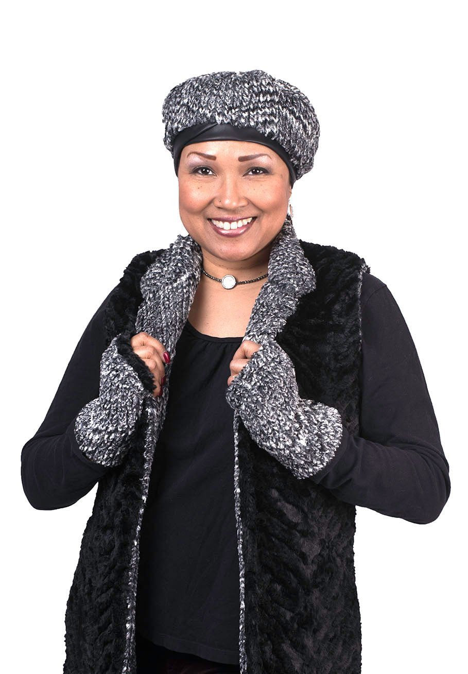 Fingerless Gloves Model Shot | Cozy Cable Faux Fur in Ash | Pandemonium Millinery