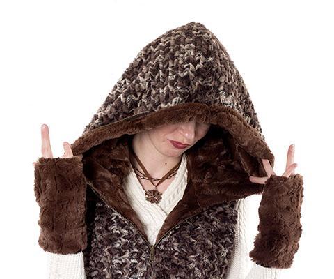 Fingerless Gloves Model Shot | Cuddly Faux Fur in Chocolate | Pandemonium Millinery