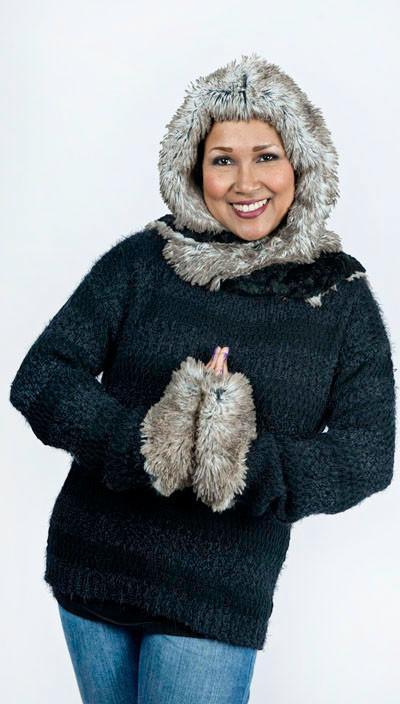 Reversible Fingerless Gloves Model Shot | Arctic Fox Faux Fur | Pandemonium Millinery
