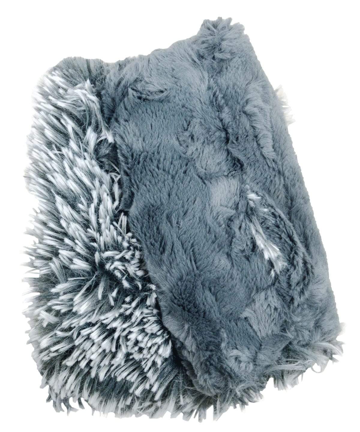 Reversible Fingerless Gloves | Silver Tipped Fox Faux Fur in Blue Steel lined Slate | Pandemonium Millinery