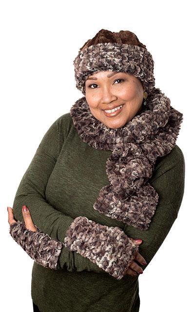 Reversible Fingerless Gloves Model Shot | Luxury Faux Fur in Calico | Pandemonium Millinery