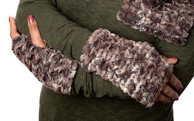 Reversible Fingerless Gloves Model Shot Close Up | Luxury Faux Fur in Calico | Pandemonium Millinery