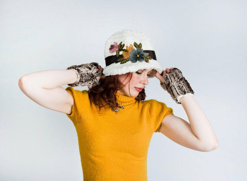 Fingerless Gloves with Grace Cloche Hat | Luxury Faux Fur in Chinchilla Brown | Pandemonium Millinery
