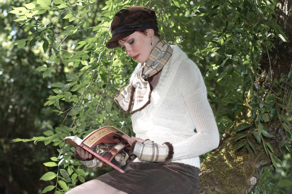 Fingerless Gloves Model Shot | Wool Plaid in Daybreak with Cuddly Chocolate Faux Fur | Pandemonium Millinery