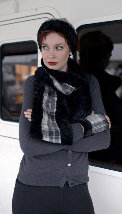 Fingerless Gloves Model Shot | Wool Plaid in Twilight with Assorted Faux Fur | Pandemonium Millinery