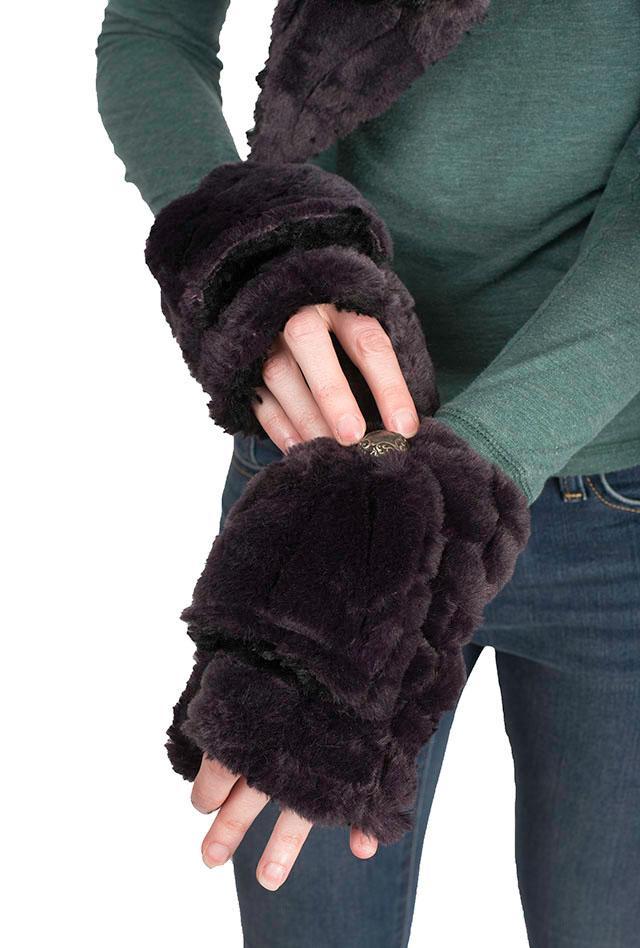 Women&#39;s Flip Top Mitten Model Shot | Luxury Faux Fur in Aubergine Dream | Handmade in Seattle WA | Pandemonium Millinery
