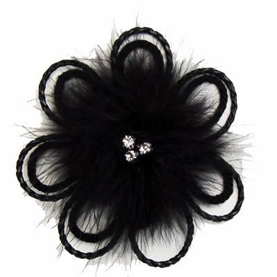 Feather &amp; Cords Flower Brooch | Black Feathers with Black Cords and  three Crystal Center |  Pandemonium Millinery | Seattle WA