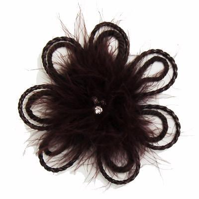 Feather & Cords Flower Brooch | Chocolate Feathers with Black Cords and  three Crystal Center |  Pandemonium Millinery | Seattle WA
