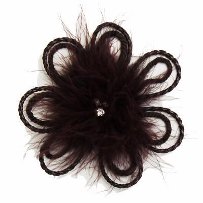 Feather &amp; Cords Flower Brooch | Chocolate Feathers with Black Cords and  three Crystal Center |  Pandemonium Millinery | Seattle WA