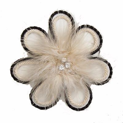 Feather &amp; Cords Flower Brooch | Ivory Feathers with Black and Ivory Cords |  Pandemonium Millinery | Seattle WA
