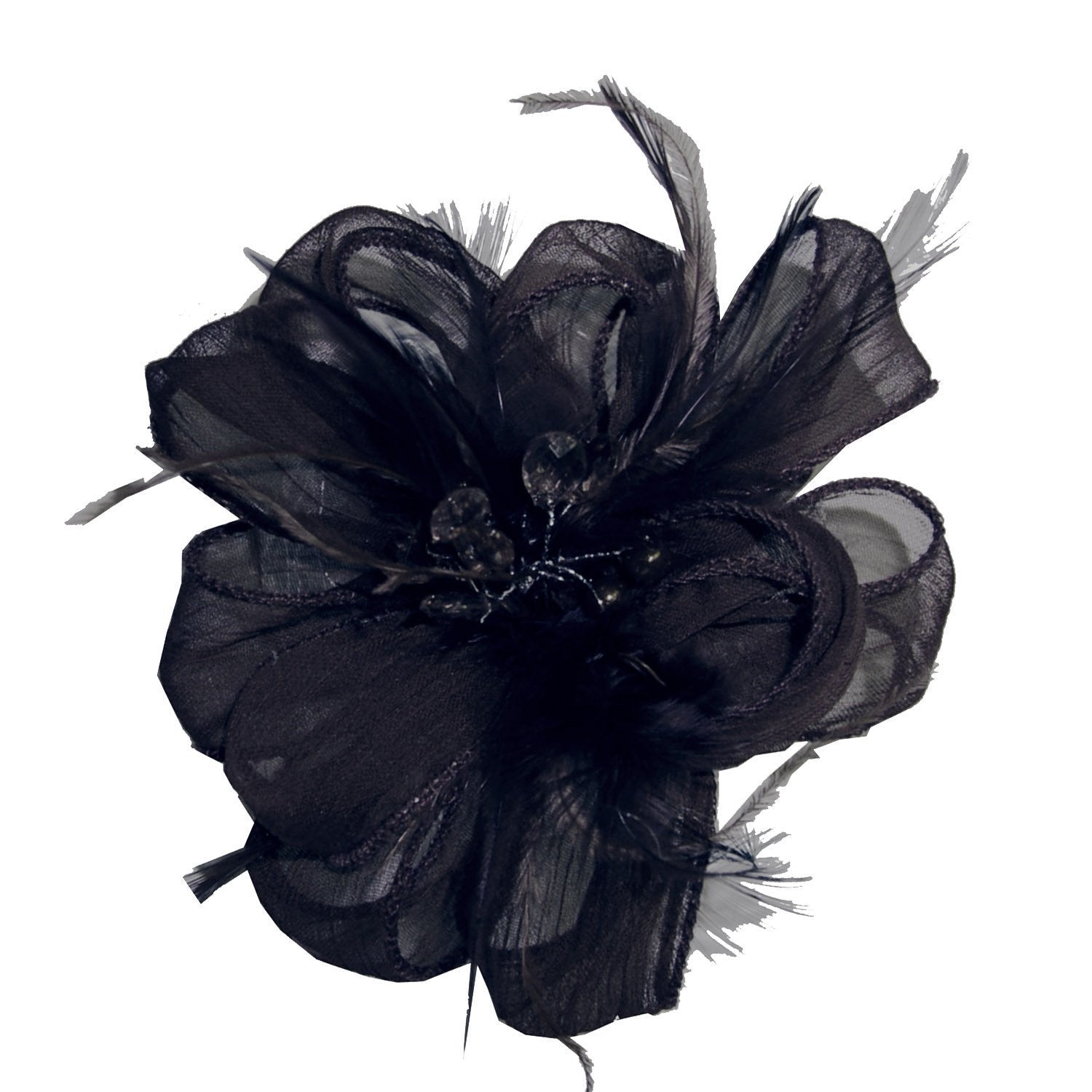 Black Flower Brooch | Black Feathers, Crystal and Fabric | Pandemonium Millinery | Seattle WA