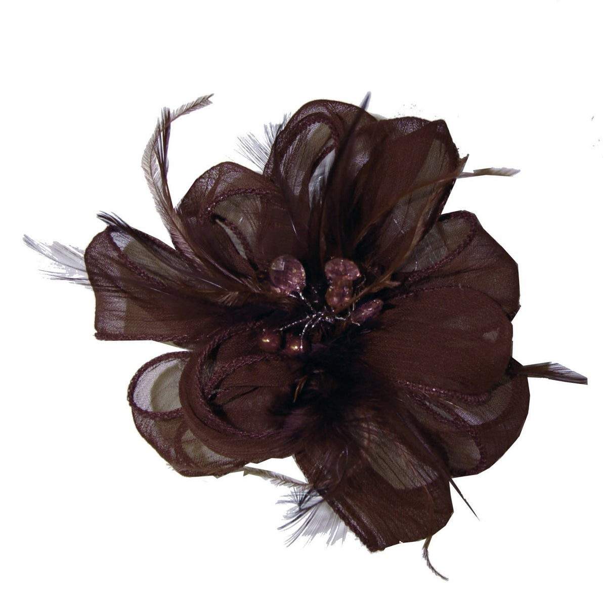 Chocolate Flower Brooch | Feathers, Crystal and Fabric | Pandemonium Millinery | Seattle WA