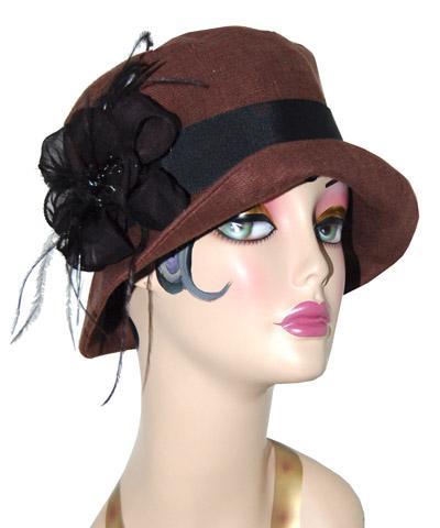 Black Flower Brooch featured Molly Bucket Style Hat | Black Feathers, Crystal and Fabric | Pandemonium Millinery | Seattle WA