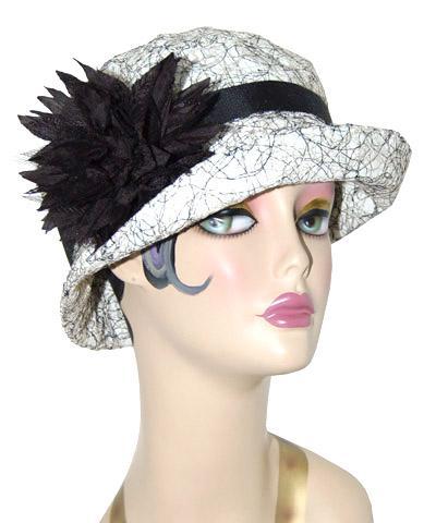 Lace Flower Brooch Featurted on a Molly Bucket Hat | Black Petals | Pandemonium Millinery | Seattle WA