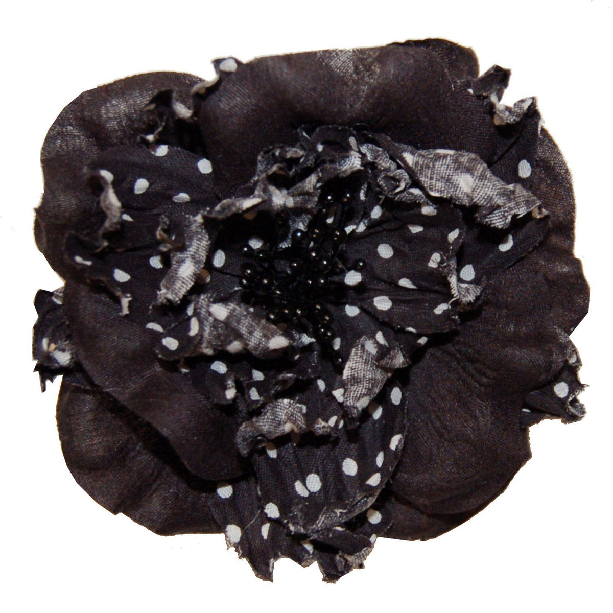 Flower Brooch in Black with Black &amp; White Polka Dots | Pandemonium Millinery