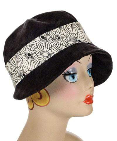  Grace 1920's Cloche Hat in Faux Suede in Black fabric. This hat is also decorated with a Jacquard Band Featuring a Black Flowers outlined in White. Handmade in Seattle, WA, USA by Pandemonium Seattle.
