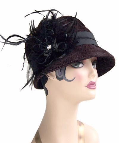 Grace Hat shown in Bongo in Black with Feather Brooch  and Gray with  Grosgrain Band | By Pandemonium Millinery | Seattle WA USA