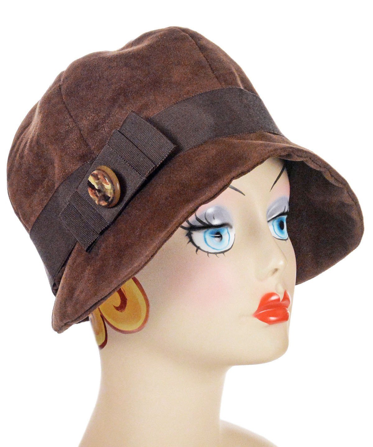 Grace Cloche Hat | Faux Suede Chocolate | Chocolate Grosgrain Bow and  Band  with a Lucite Brown | Pandemonium Millinery  |  Seattle WA USA