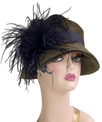 Grace Cloche Style hat shown in Cohen in  Olive with Black Grosgrain Band and Black Ostrich Feather Brooch | By Pandemonium Seattle | Handmade in USA