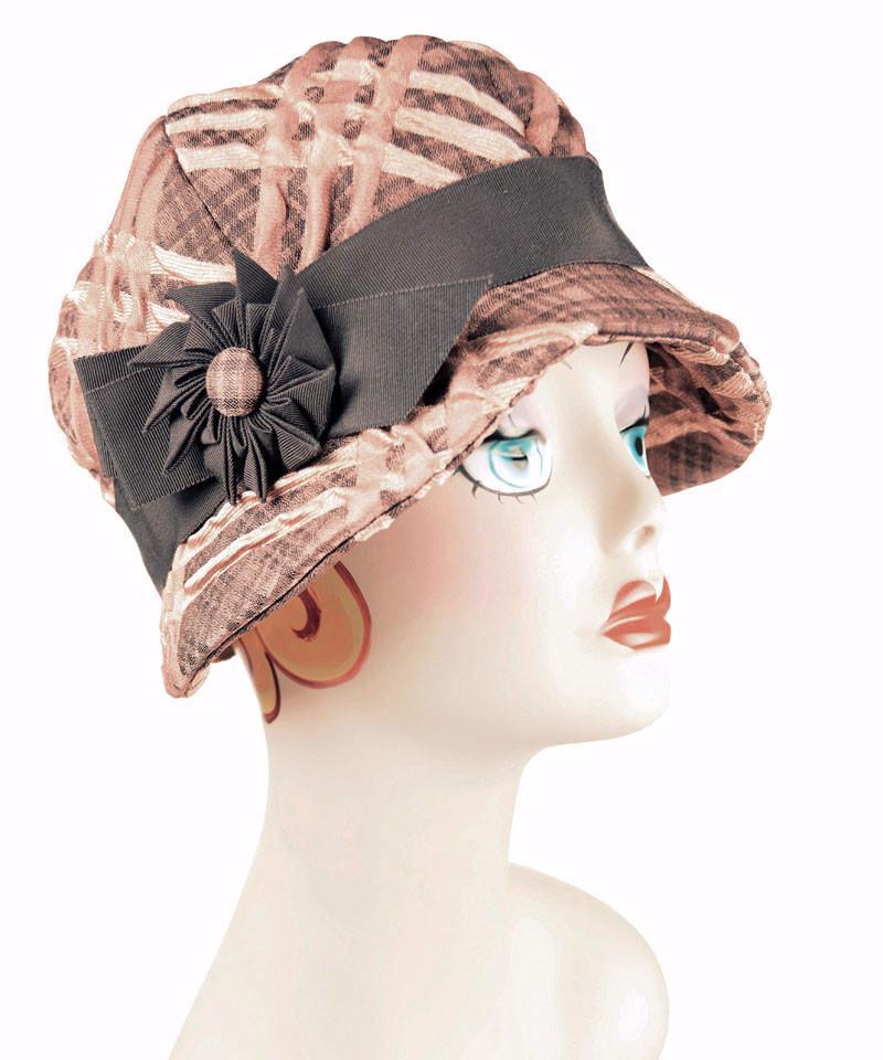 Model wearing Grace 1920s Cloche Style Hat in Copper Plaid with Chocolate  Grosgrain Band  and  Pinwheel trim with matching Button | Handmade in Seattle WA | Pandemonium Millinery