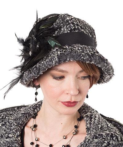 Front view of Woman wearing a Grace Cloche Hat in Cozy Cable in Ash Faux Fur with Black Feather Brooch | Handmade By Pandemonium Millinery | Seattle WA USA