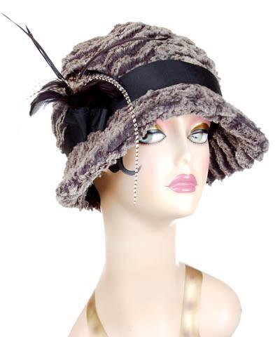 Product Shot of Grace Cloche Style Hat in Desert Sand Charcoal  wtth Black Grosgrain Band with Black and Grizzly Feather Brooch | By Pandemonium Millinery |  Seattle WA USA