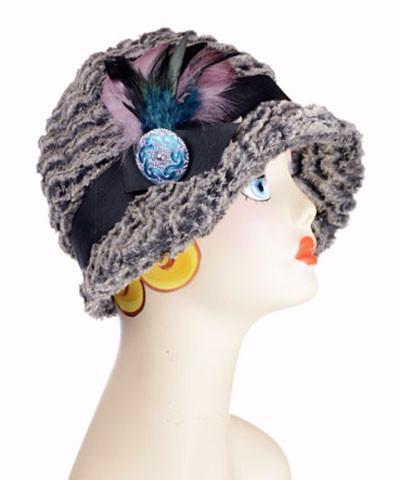 Product Shot of Grace Cloche Style Hat in Desert Sand Charcoal wtth Black Grosgrain Band Mauve Multi Feather Brooch with Aqua Button | By Pandemonium Millinery | Seattle WA USA