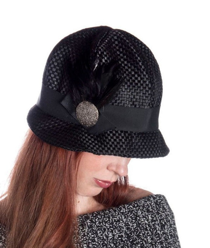 Model with Long Hair wearing Grace 1920s Cloche Style Hat with Black feathers and Metal Button | Handmade in Seattle WA | Pandemonium Millinery