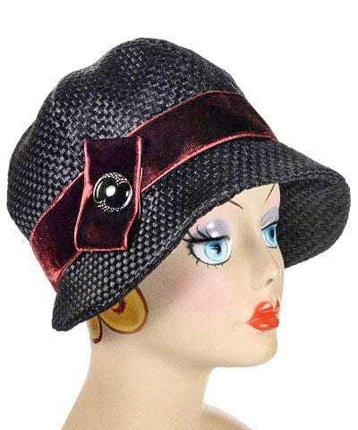 Model with Long Hair wearing Grace 1920s Cloche Style Hat with Black feathers and Metal Button | Handmade in Seattle WA | Pandemonium Millinery