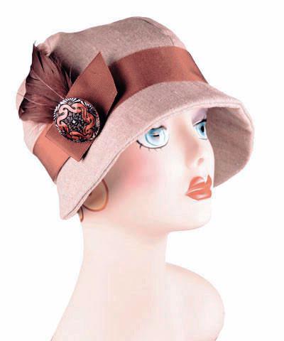 Grace Cloche Style Hat | Linen in Natural | Rust and Black Grosgrain Band  with Rust and Rhinestone Feather Brooch | Handmade By Pandemonium Millinery | Seattle WA USA                      