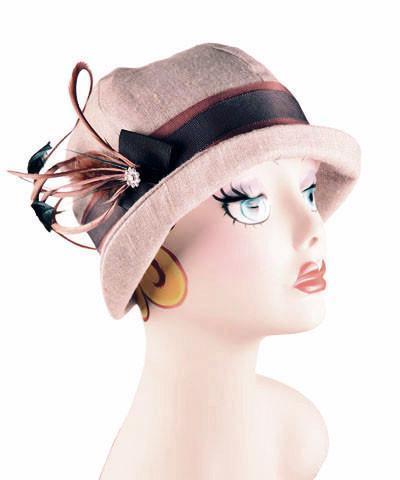 Grace Cloche Style Hat | Linen in Natural | Rust and Black Grosgrain Band  with Rust and Rhinestone Feather Brooch | Handmade By Pandemonium Millinery | Seattle WA USA                      