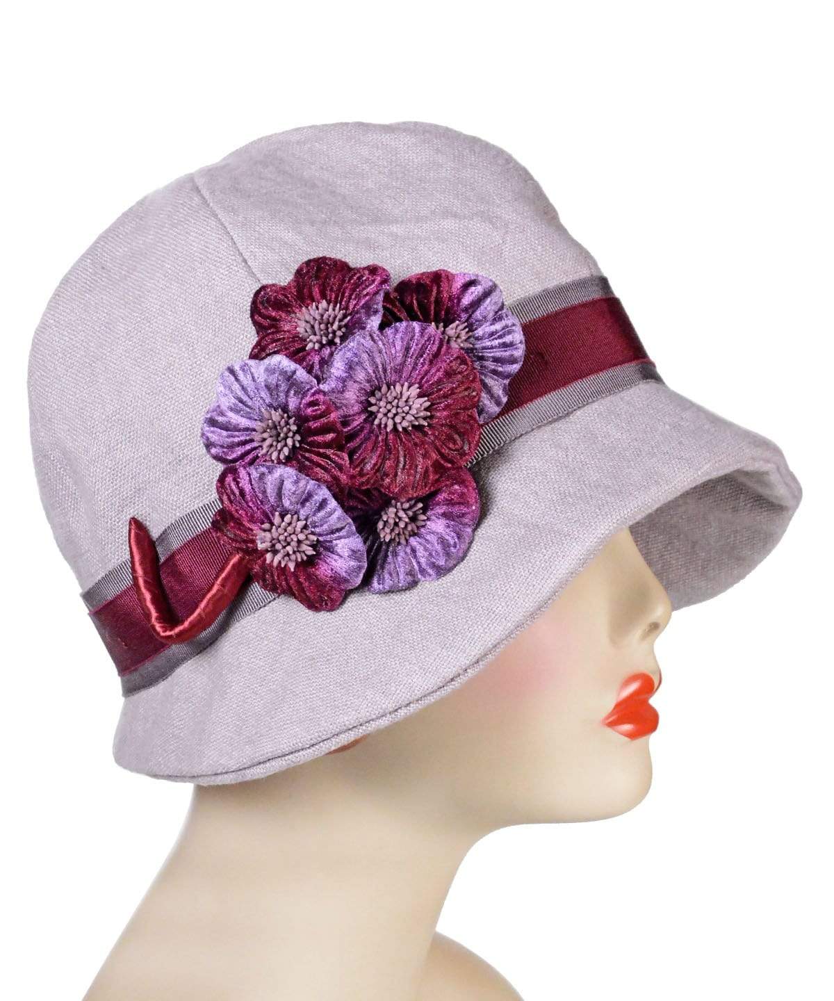  Grace Cloche Style Hat Linen in Rose  Quartz with Velvet Blossom Brooch | By Pandemonium Millinery | Seattle WA USA