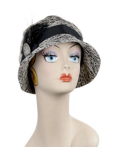 Product  Short Grace Cloche in Luna in  Black with Black Grosgrain featuring a feather Brooch | Handmade in Seattle WA By Pandemonium Millinery