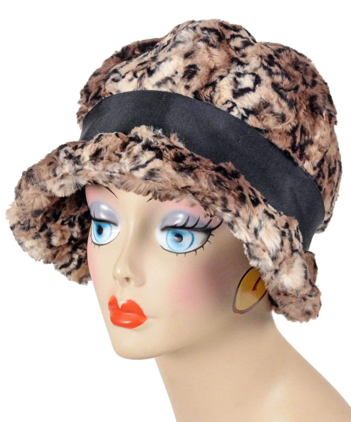 Product Shot of Grace Cloche Hat in Carpathian Lynx animal print Faux Fur with Black Grosgrain Band  | By Pandemonium Millinery | Seattle WA USA