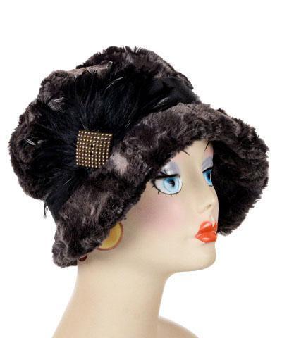  Grace Cloche Style 1920s Hat in Luxury Faux Fur in Espresso Bean Faux Fur with Feather Trim  | By Pandemonium Millinery | Seattle WA USA