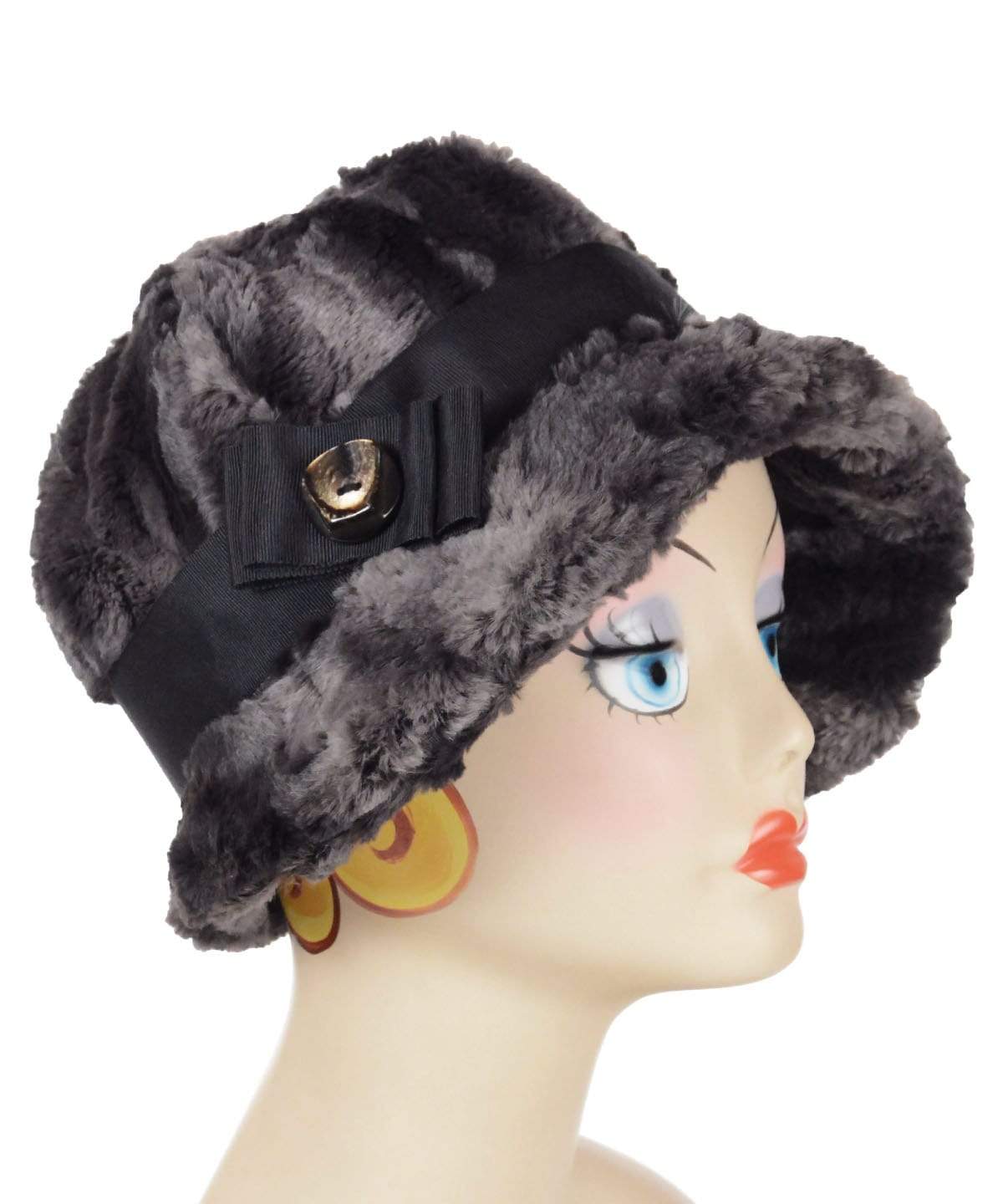  Sideview of Grace Cloche Style 1920s Hat in Luxury Faux Fur in Espresso Bean Faux Fur with  Black Grosgrain Bow and Band featuring Mult-Color Brown Button | By Pandemonium Millinery | Seattle WA USA