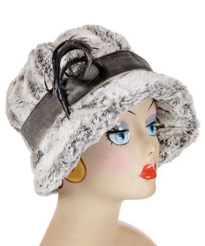 Product Shot Grace Hat in Khaki Faux Fur shown on Model features Midori Velvet Band with Curl Gray Feather | By Pandemonium Millinery | Seattle WA USA