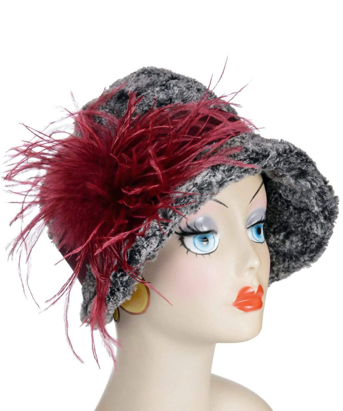 Grace Cloche Hat - Nimbus Faux Fur with Burgundy Ostrich Feather Brooch  - Handmade in USA by Pandemonium Millinery