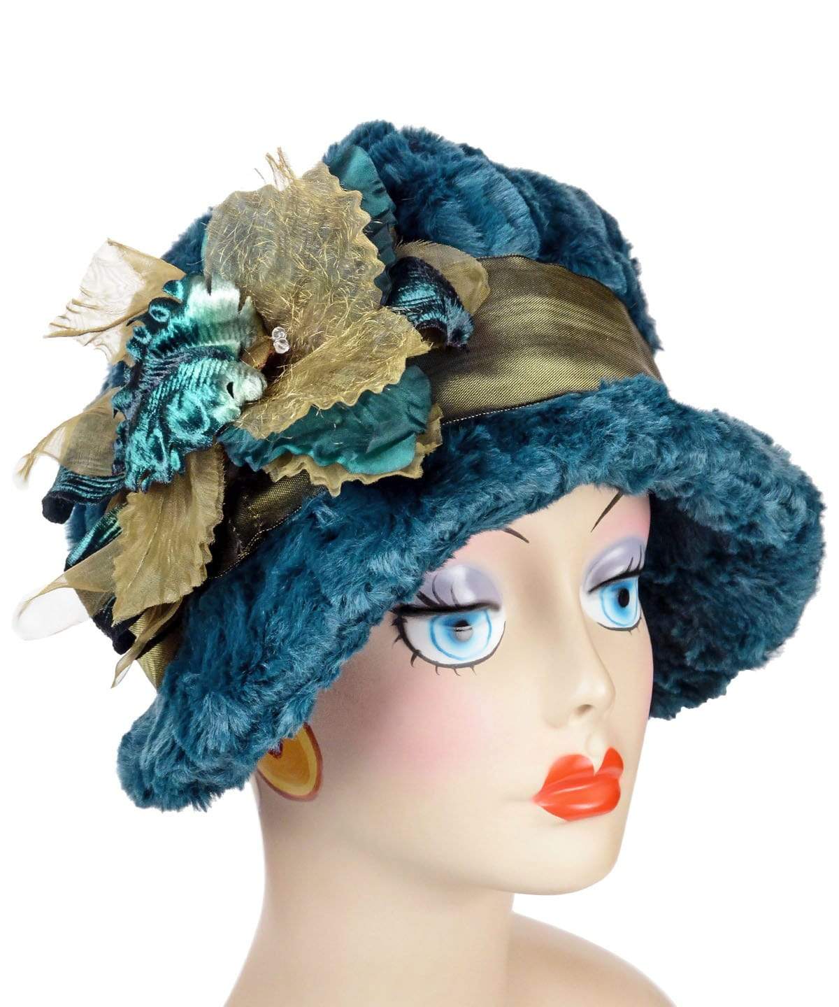 Grace Cloche 1920s Hat Style in Peacock Pond Faux Fur with Green Velvet and Organdy Flowers | By Pandemonium Millinery | Handmade in Seattle WA USA