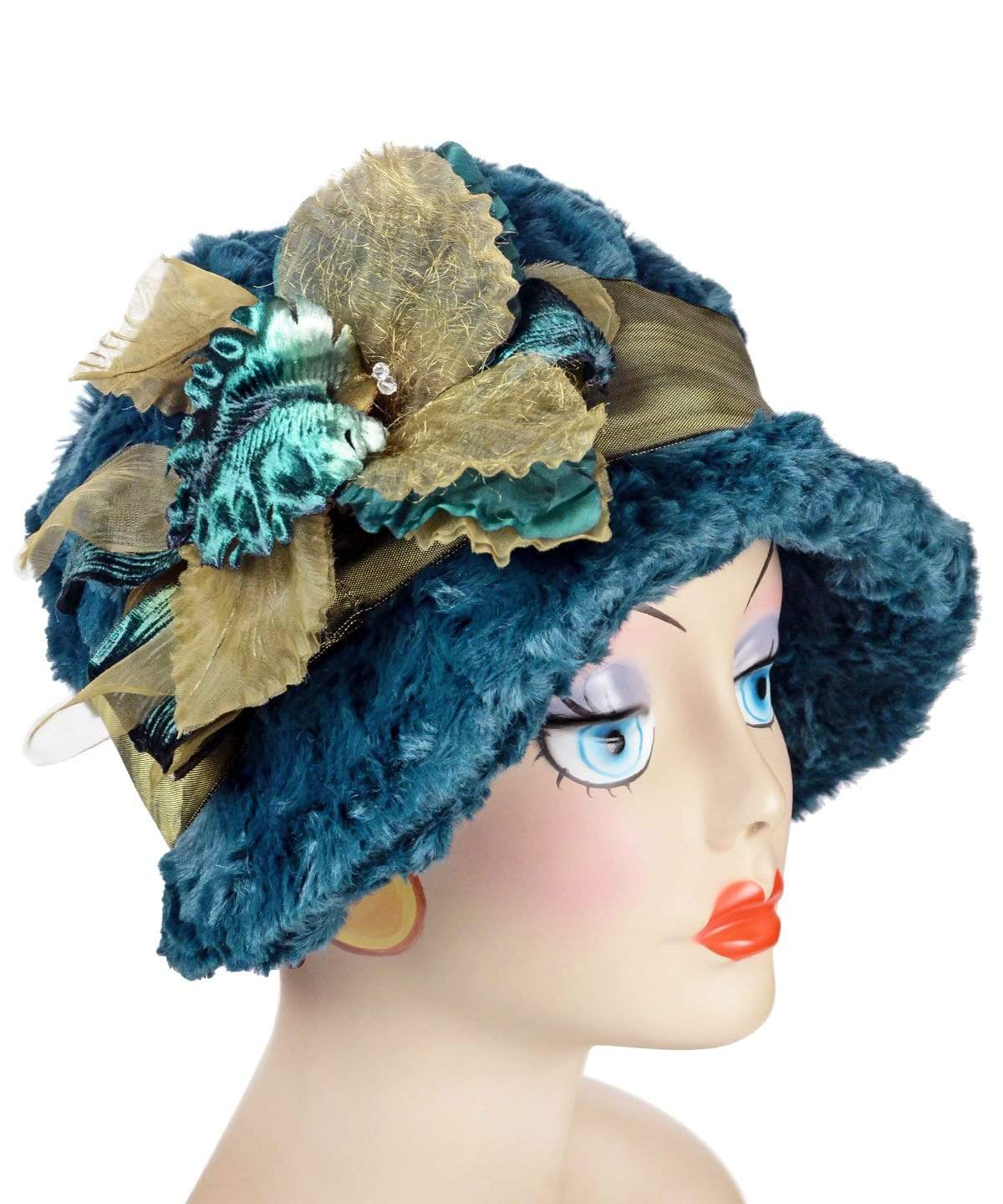 Sideview of Grace Cloche 1920s Hat Style in Peacock Pond Faux Fur with Green Velvet and Organdy Flowers | By Pandemonium Millinery | Handmade in Seattle WA USA