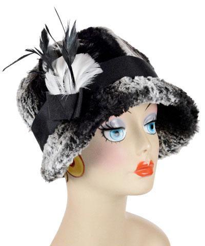 Grace Hat  in Luxury Faux Fur in Smouldering Sequioa with Black and White Feather Brooch | Handmade By Pandemonium Millinery | Seattle WA USA