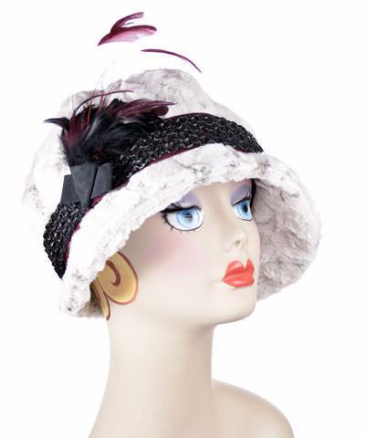 Grace Cloche Hat Luxury Faux Fur in Winter Frost with Burgundy Grosgrain Band with Braided Band Overlay featuring Black and Burgundy Feathers | By Pandemonium Millinery | Seattle WA USA