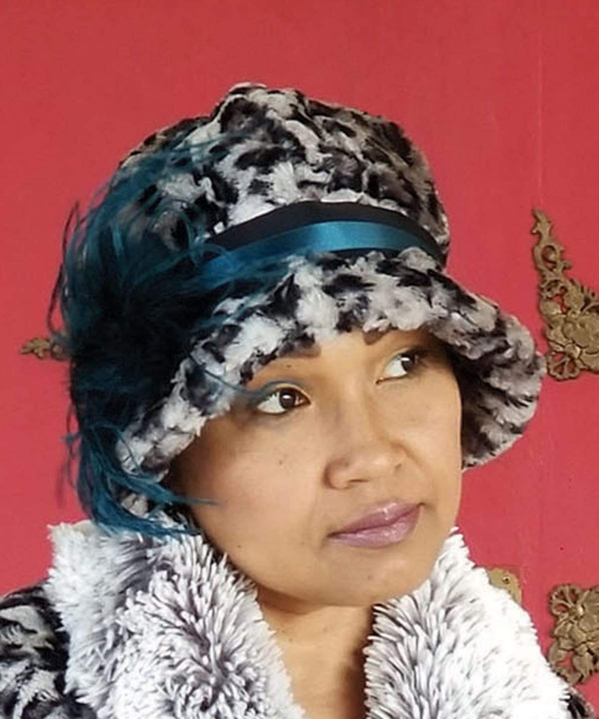 Model wearing Grace Cloche Style Hat Savannah Cat in Gray Faux Fur with Teal Ostrich Feather Brooch | By Pandemonium Millinery | Seattle WA USA