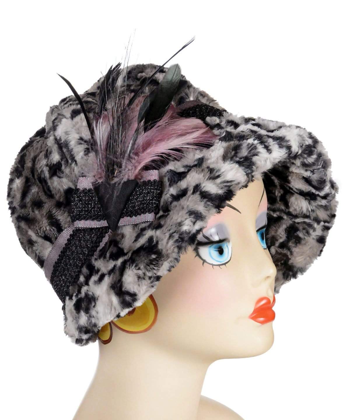 Product Shot of Grace Cloche Style Hat Savannah Cat in Gray Faux Fur with Black and Mauve Feather Brooch | By Pandemonium Millinery | Seattle WA USA