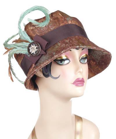 Grace Cloche Style Hat in Renaissance in Everglade Fabric with Aqua Feather and Button Brooch | Handmade By Pandemonium Millinery | Seattle WA USA