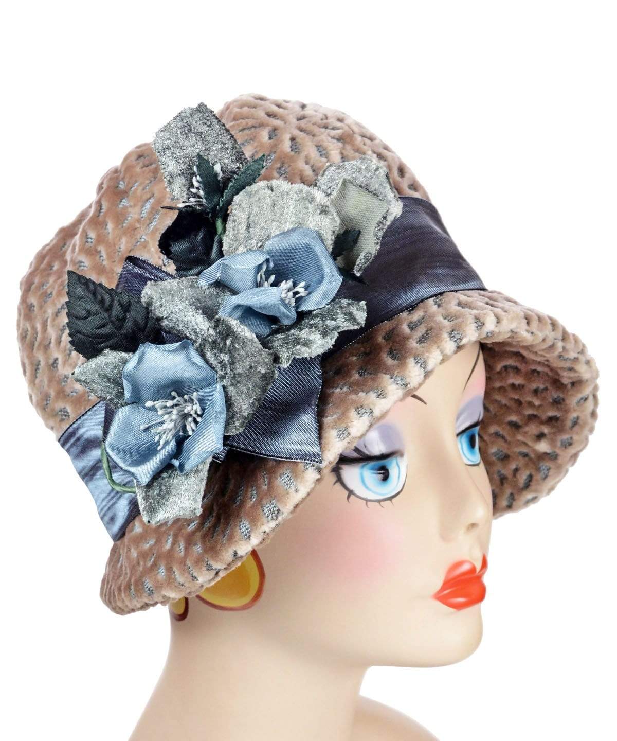 Grace Cloche Hat in Rossini Upholstery Fabric with Band in Blue Moiré Taffeta Featuring Big Custom Blue Flowers | By Pandemonium Millinery | Handmade in Seattle WA USA