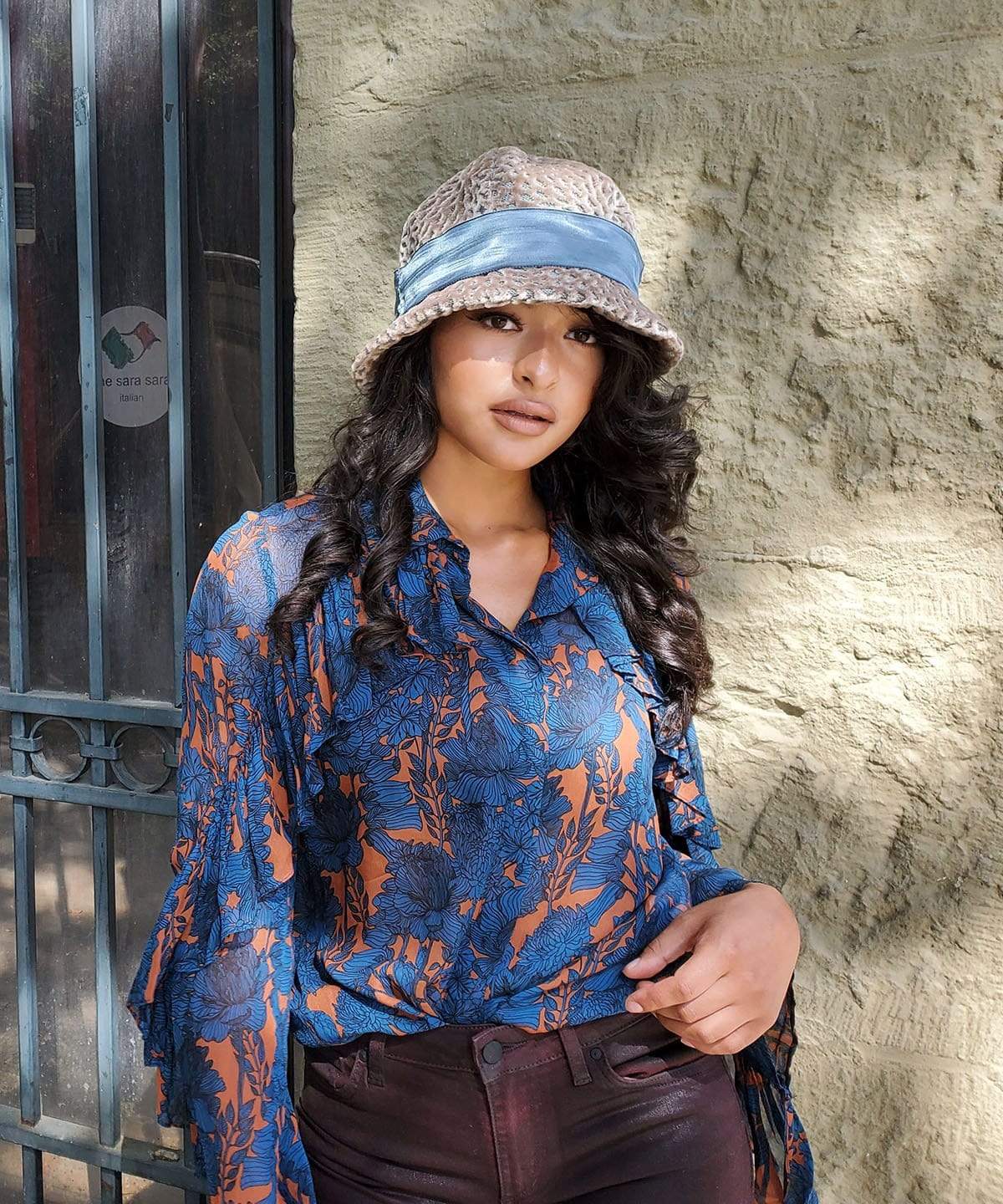 Model wearing Grace Cloche Hat in Rossini Upholstery Fabric with Band in Blue Moiré Taffeta | By Pandemonium Millinery | Handmade in Seattle WA USA